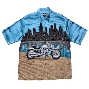 VTG Harley Davidson AOP All Over Print Motorcycle City Skyline Button Shirt XL